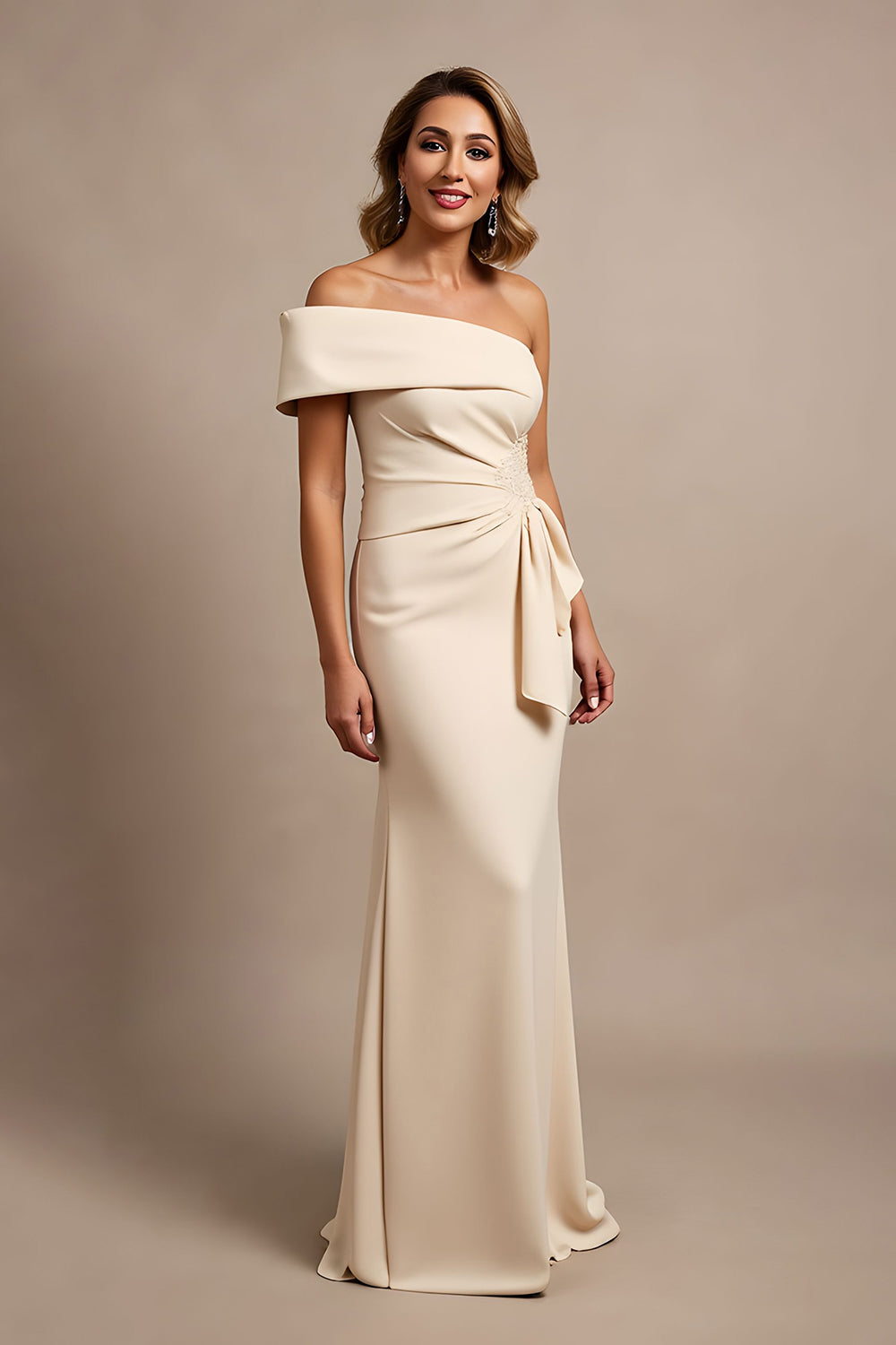 Apricot One Shoulder Ruched Long Satin Mother of the Bride Dress with Beading