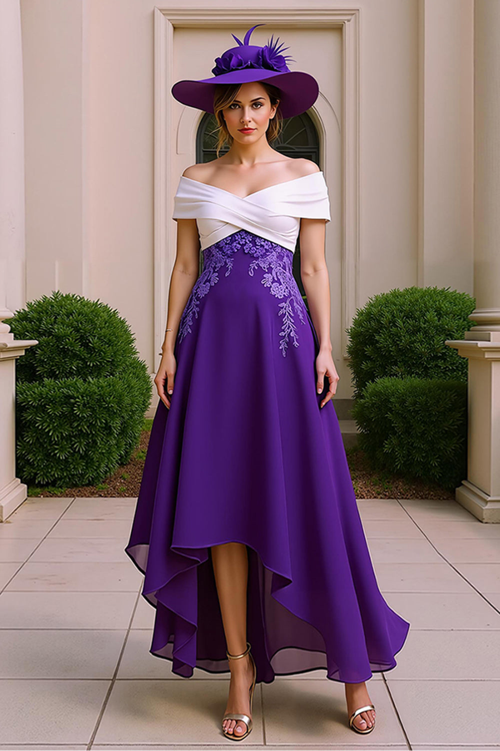 A Line Purple V-Neck Ruched Mother of the Bride Dress with Lace Appliques
