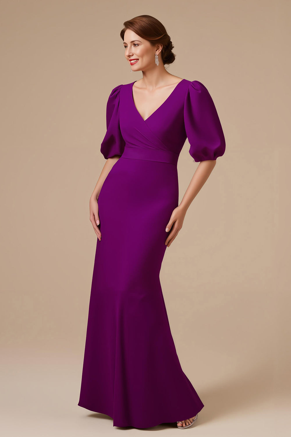 Grape Mermaid V-Neck Ruched Half Sleeve Mother of the Bride Dress