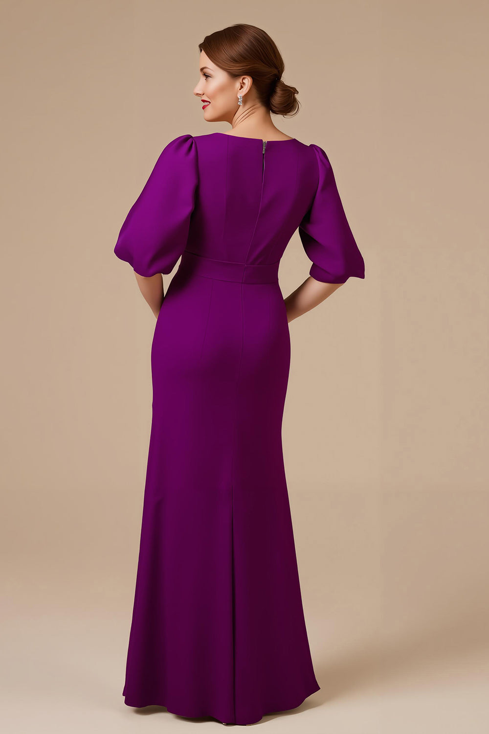 Grape Mermaid V-Neck Ruched Half Sleeve Mother of the Bride Dress
