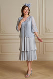 Silver A-Line Tiered Chiffon Lace Coat 2 Piece Mother of the Bride Dress