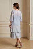 Silver A-Line Tiered Chiffon Lace Coat 2 Piece Mother of the Bride Dress