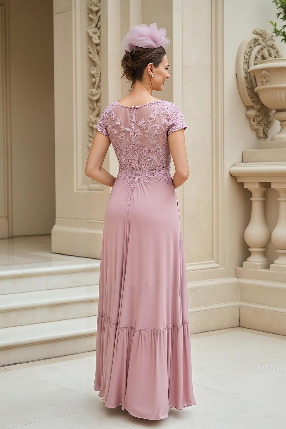 Dusty Rose A-Line V-Neck Long Mother of the Bride Dress with Lace
