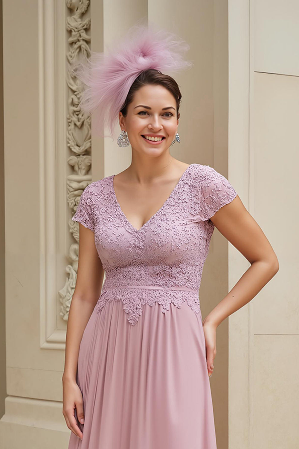 Dusty Rose A-Line V-Neck Long Mother of the Bride Dress with Lace
