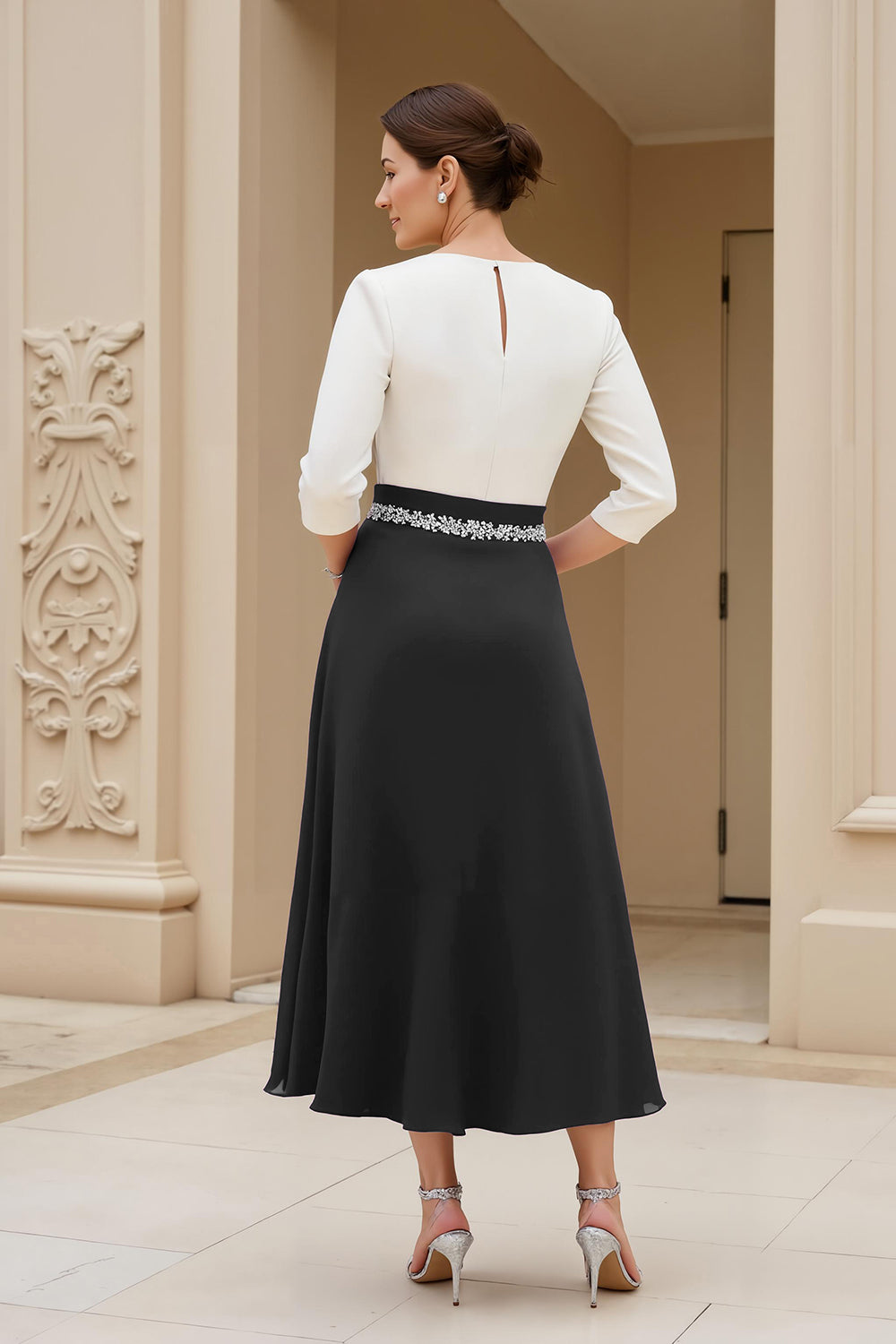 Black and White A-Line Bateau Neck Mother of the Bride Dress with Beading