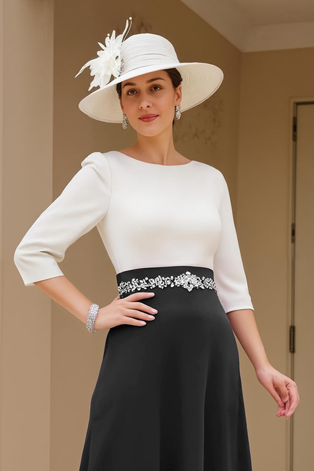 Black and White A-Line Bateau Neck Mother of the Bride Dress with Beading