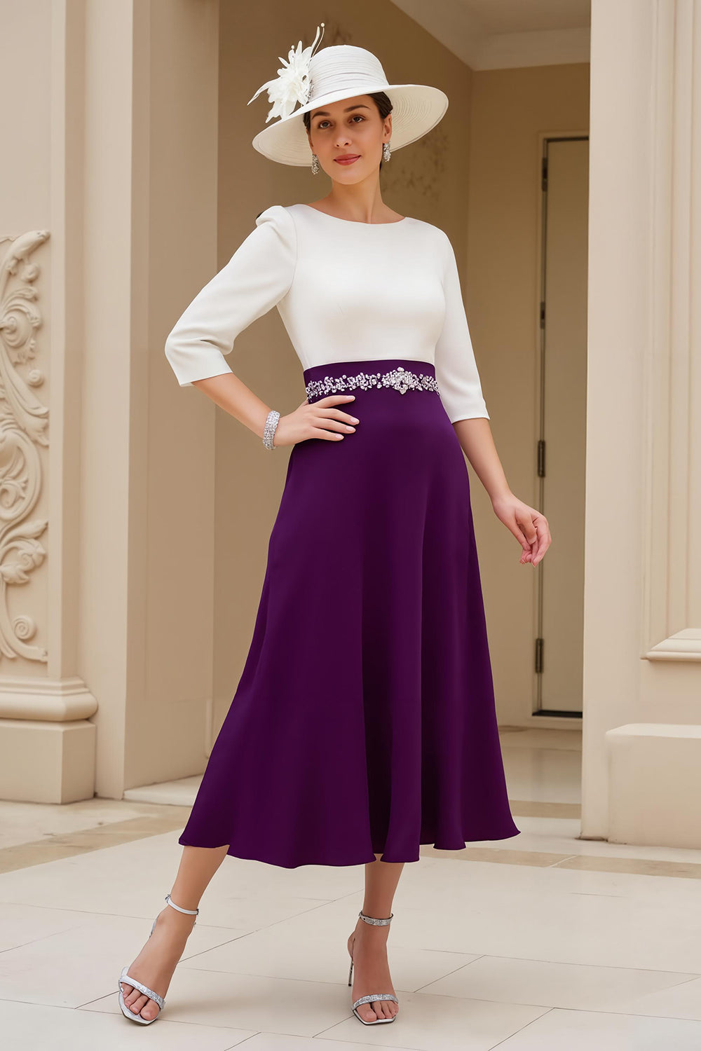 Black and White A-Line Bateau Neck Mother of the Bride Dress with Beading