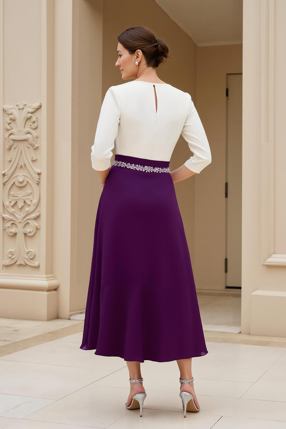 Black and White A-Line Bateau Neck Mother of the Bride Dress with Beading