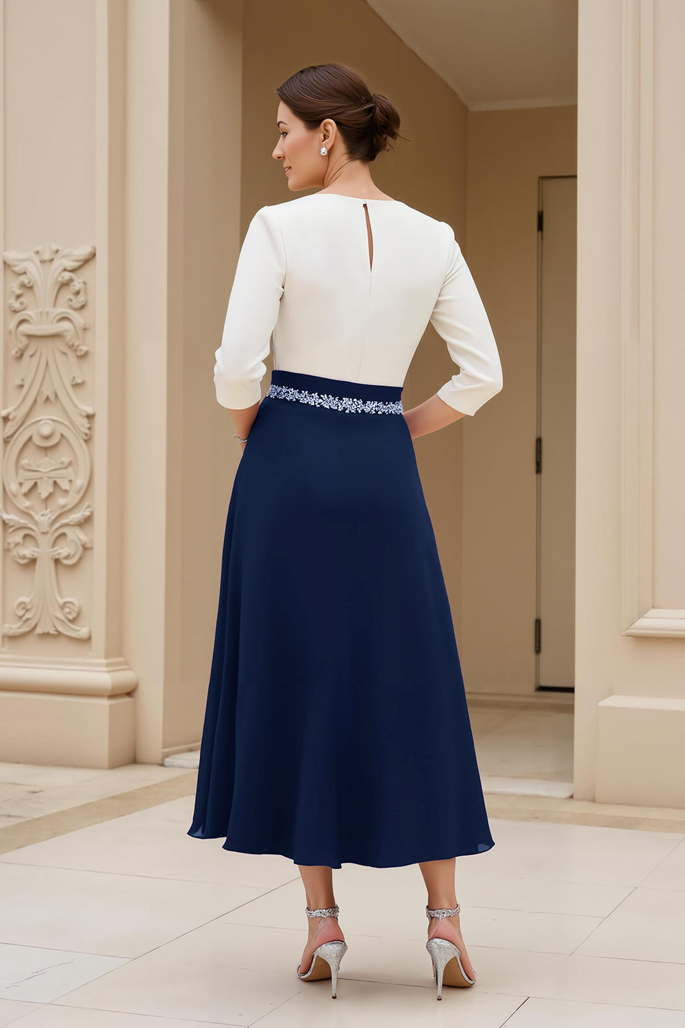 Black and White A-Line Bateau Neck Mother of the Bride Dress with Beading