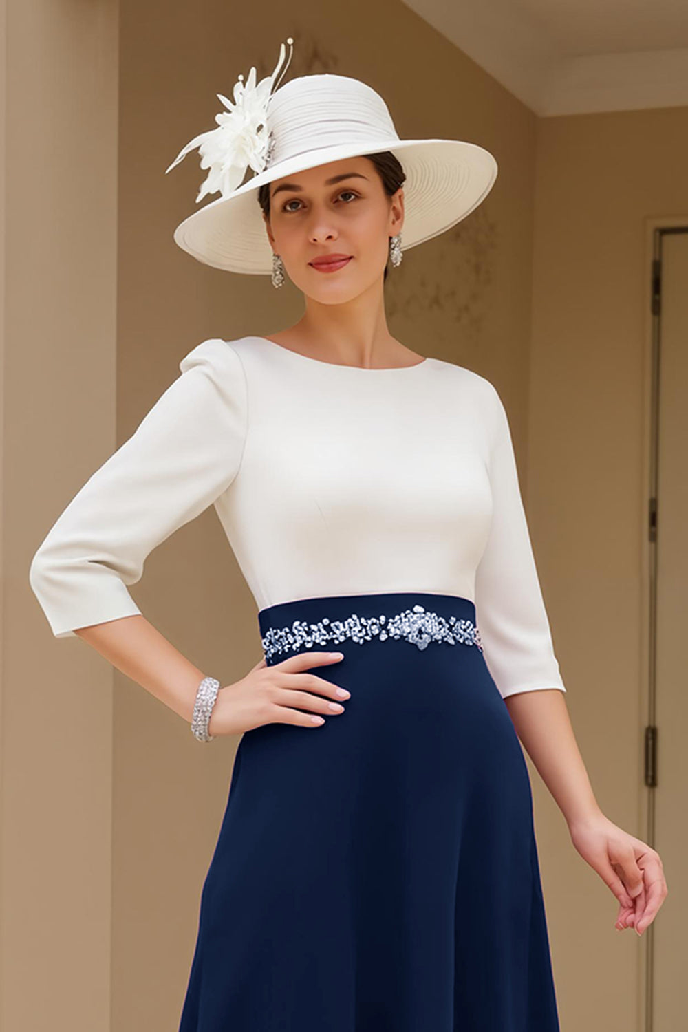 Black and White A-Line Bateau Neck Mother of the Bride Dress with Beading