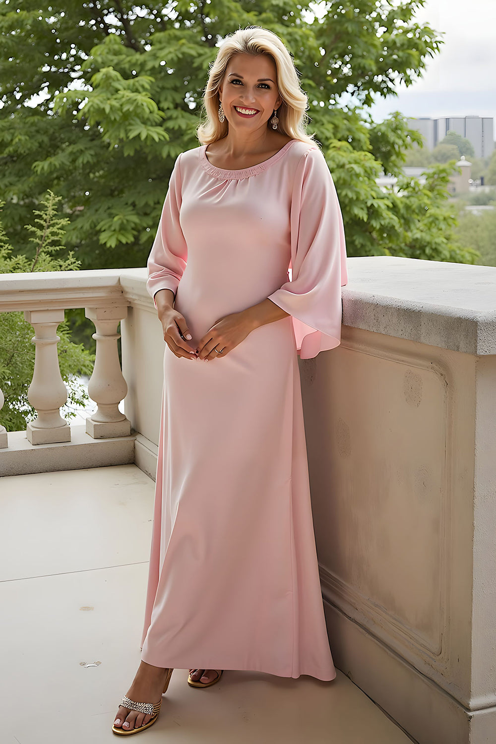 A-Line Candy Pink Bateau Neck 3/4 Sleeve Chiffon Long Mother of the Bride Dress