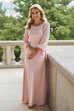 A-Line Candy Pink Bateau Neck 3/4 Sleeve Chiffon Long Mother of the Bride Dress