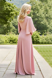 Blush A-Line Bateau Neck Ruched Mother of the Bride Dress With Flutter Sleeves
