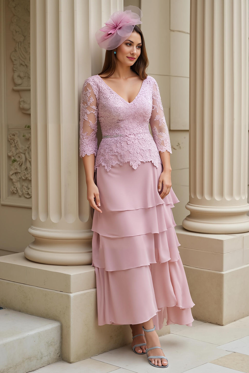 Blush A-Line V-Neck Tiered Chiffon Mother of the Bride Dress with Lace Appliques