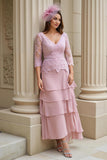 Blush A-Line V-Neck Tiered Chiffon Mother of the Bride Dress with Lace Appliques
