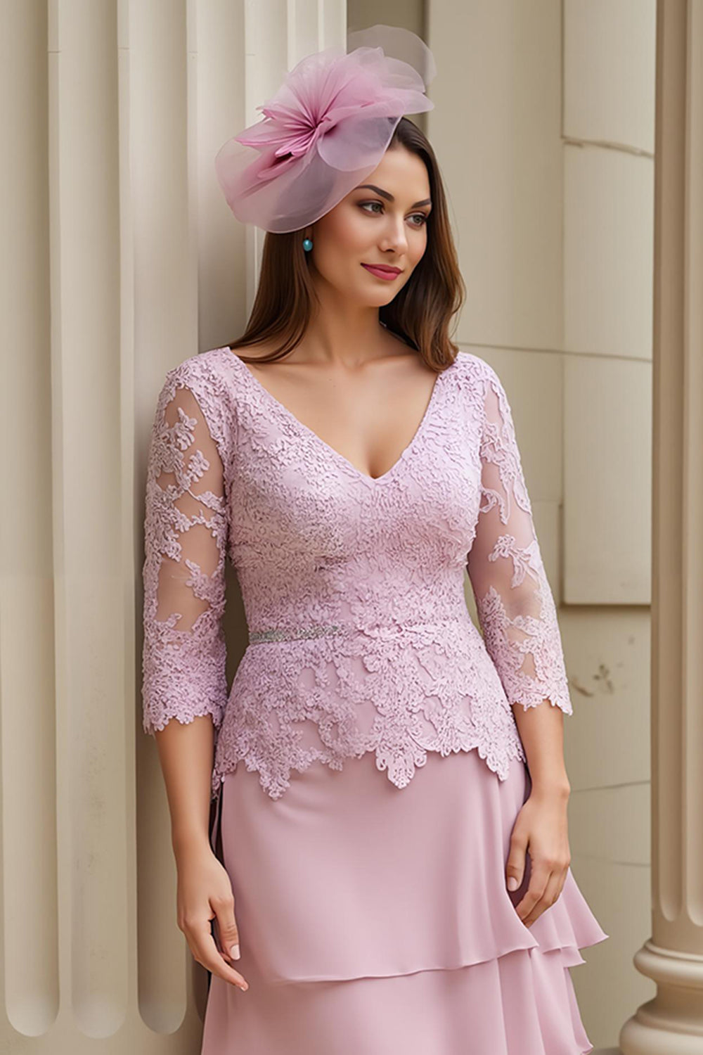 Blush A-Line V-Neck Tiered Chiffon Mother of the Bride Dress with Lace Appliques