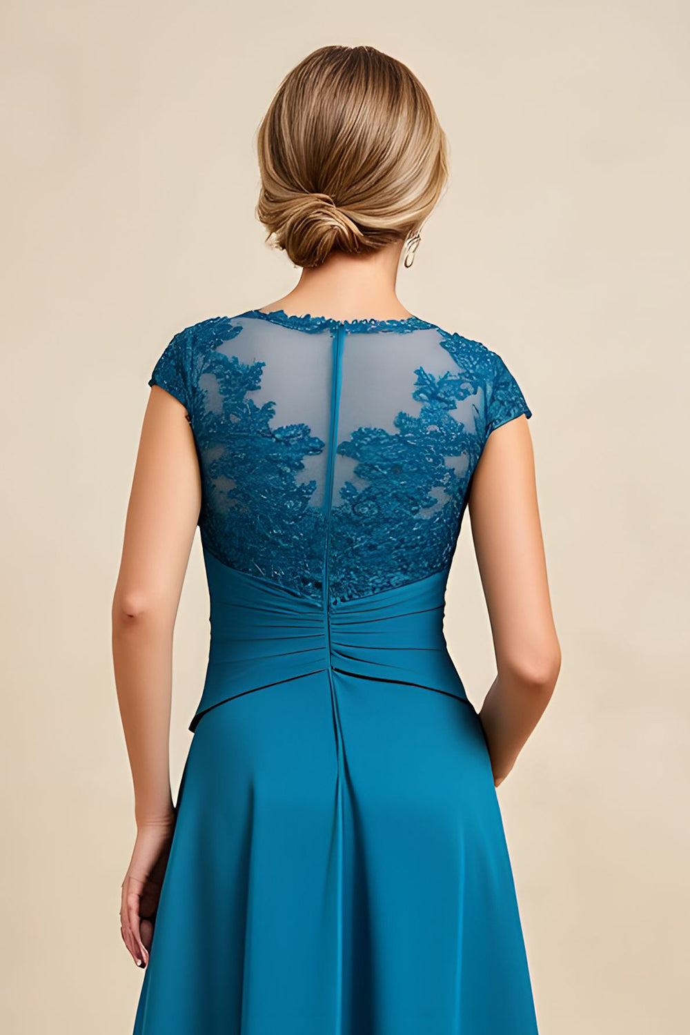 Peacock Blue A-Line Bateau Neck Ruched Mother of the Bride Dress with Lace Appliques