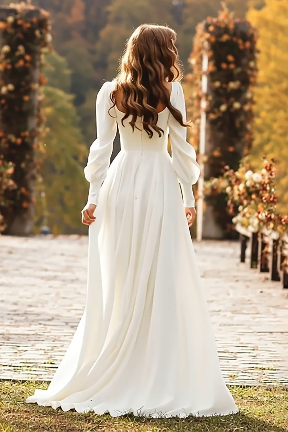 Ivory A-Line Square Neck Long Sleeve Wedding Dress