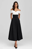 A Line Black And White Off The Shoulder Midi Formal Dress