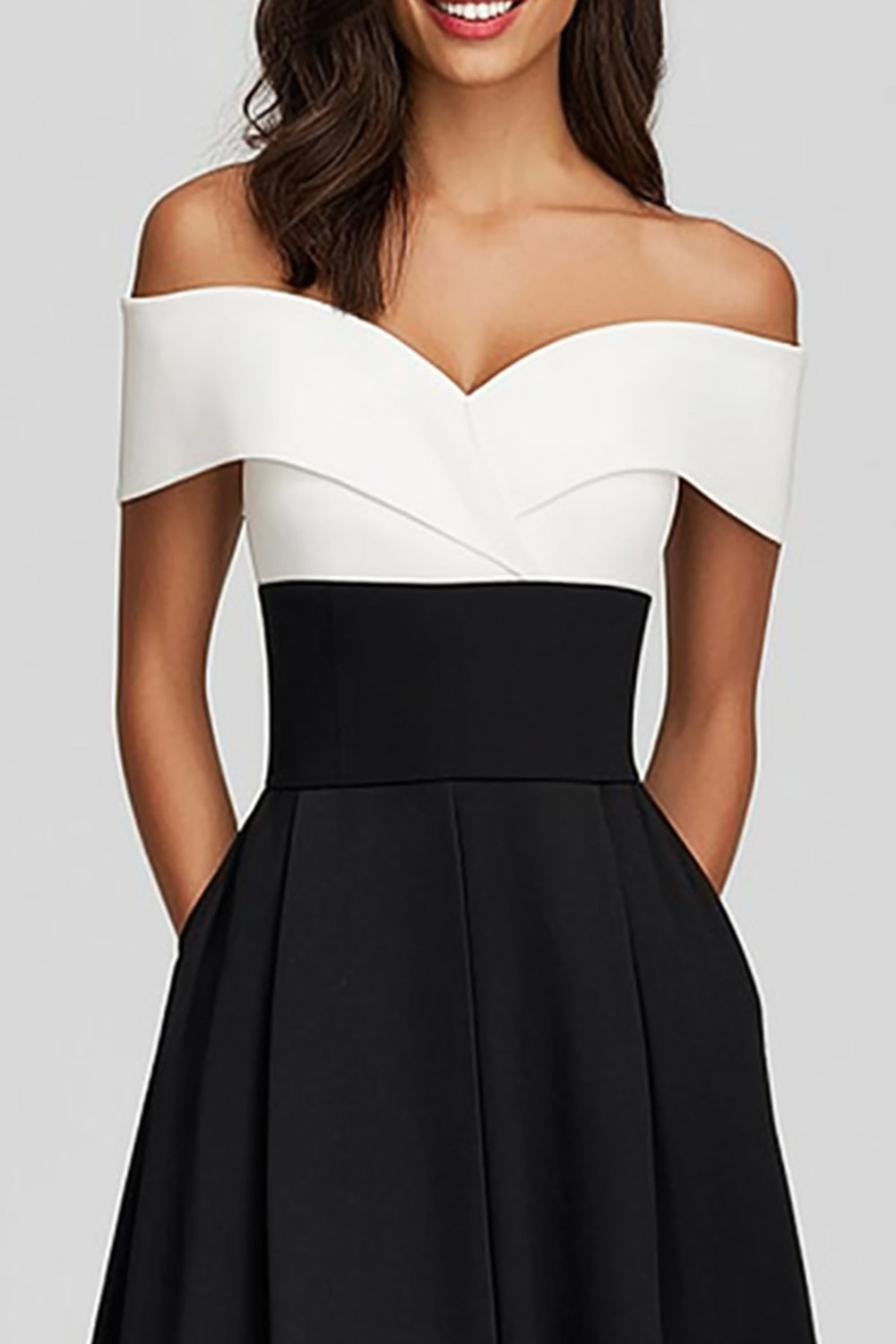 A Line Black And White Off The Shoulder Midi Formal Dress