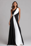 A Line One Shoulder Black And White Long Formal Dress