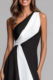 A Line One Shoulder Black And White Long Formal Dress