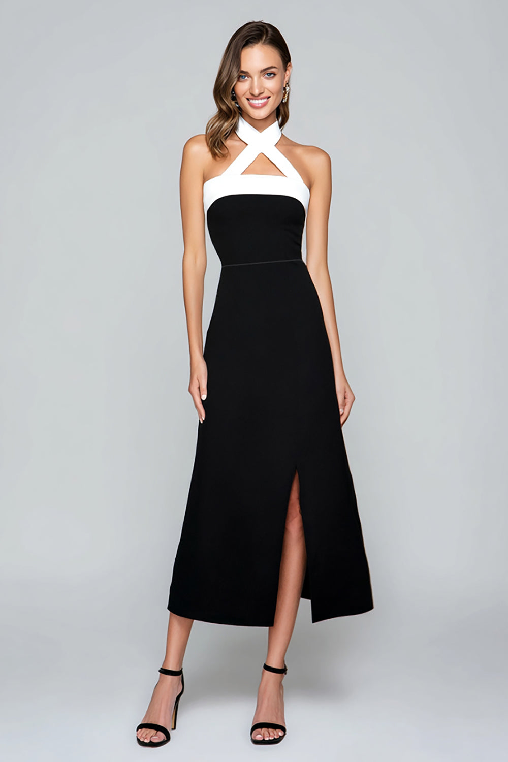 A Line Black And White Cross Criss Straps Midi Formal Dress