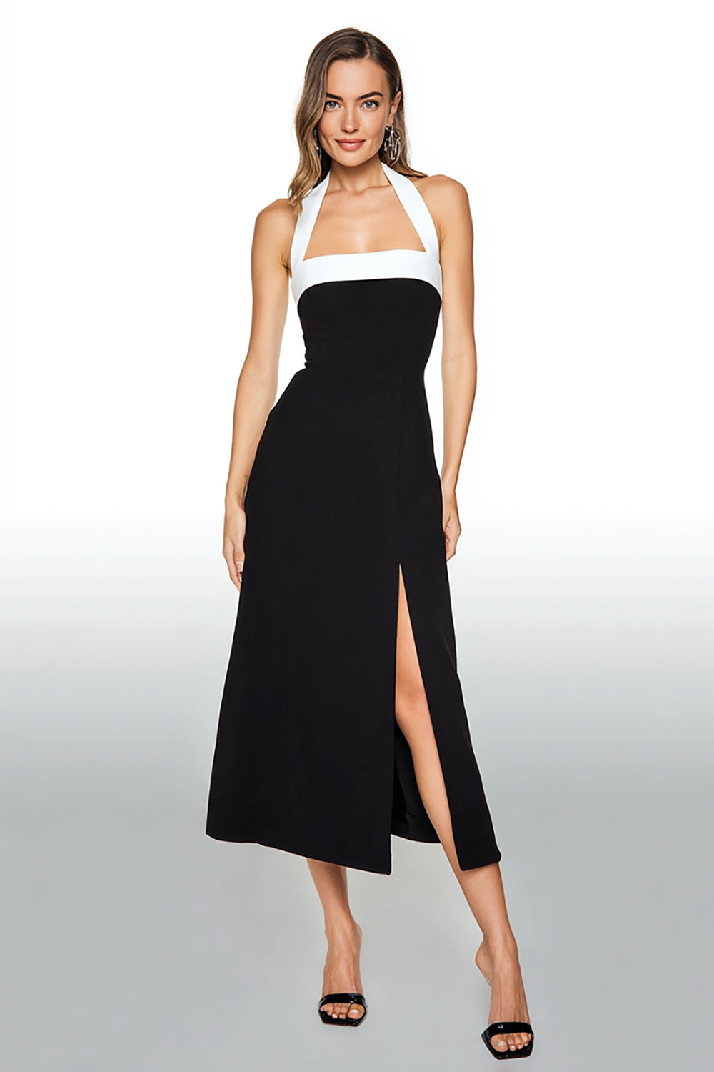 A Line Black And White Halter Midi Formal Dress
