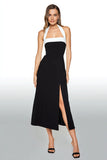 A Line Black And White Halter Midi Formal Dress