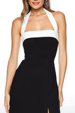 A Line Black And White Halter Midi Formal Dress