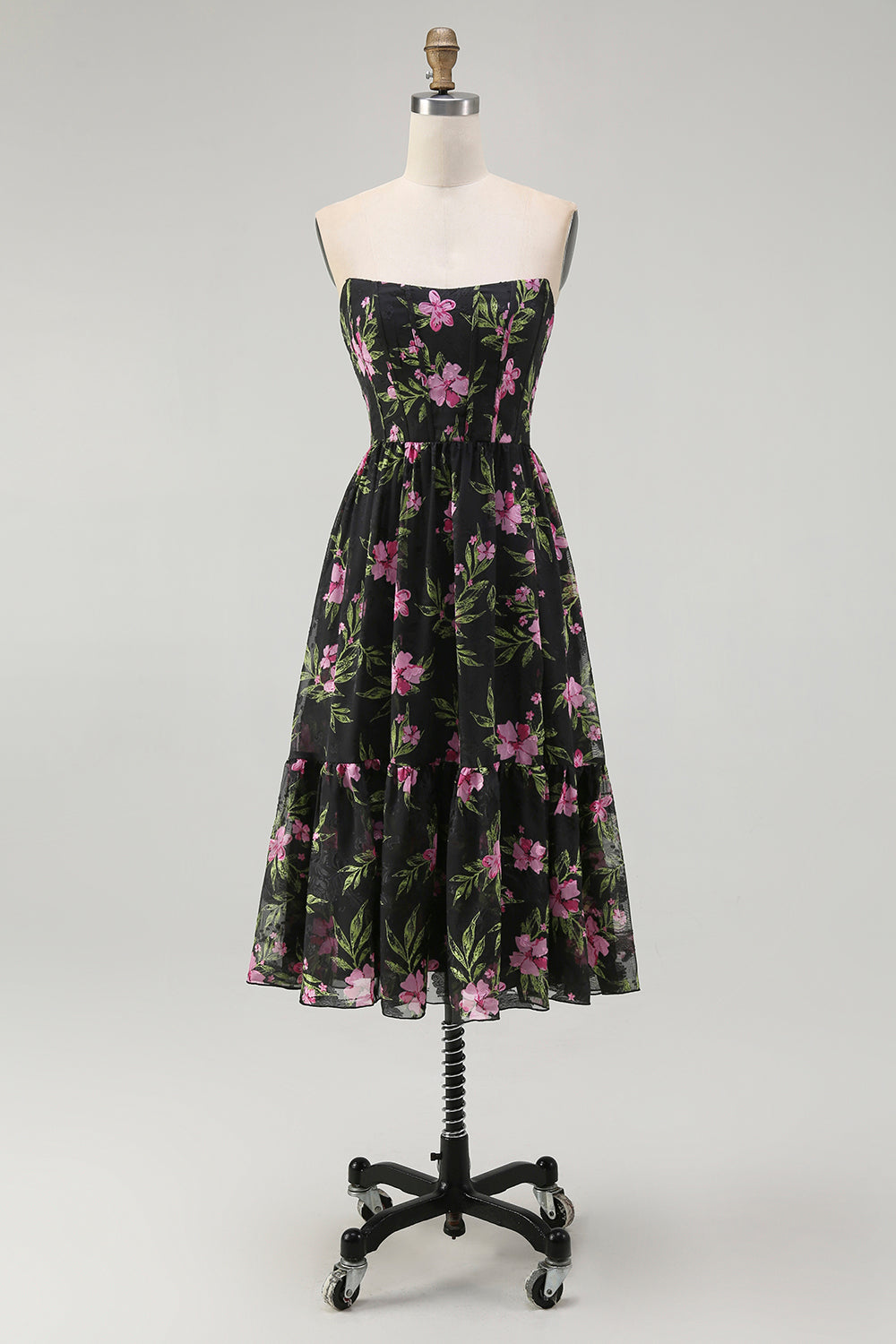 Black Pink Floral A Line Strapless Midi Bridesmaid Dress