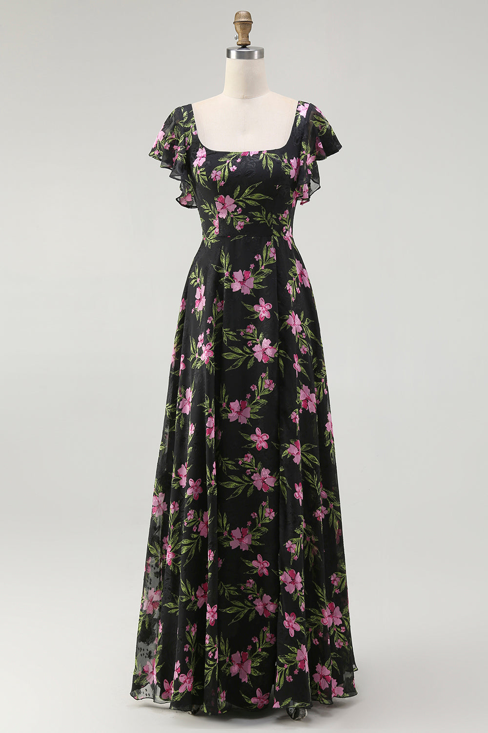 Black Pink Flower A-Line Square Neck Printed Long Bridesmaid Dress with Flutter Sleeves