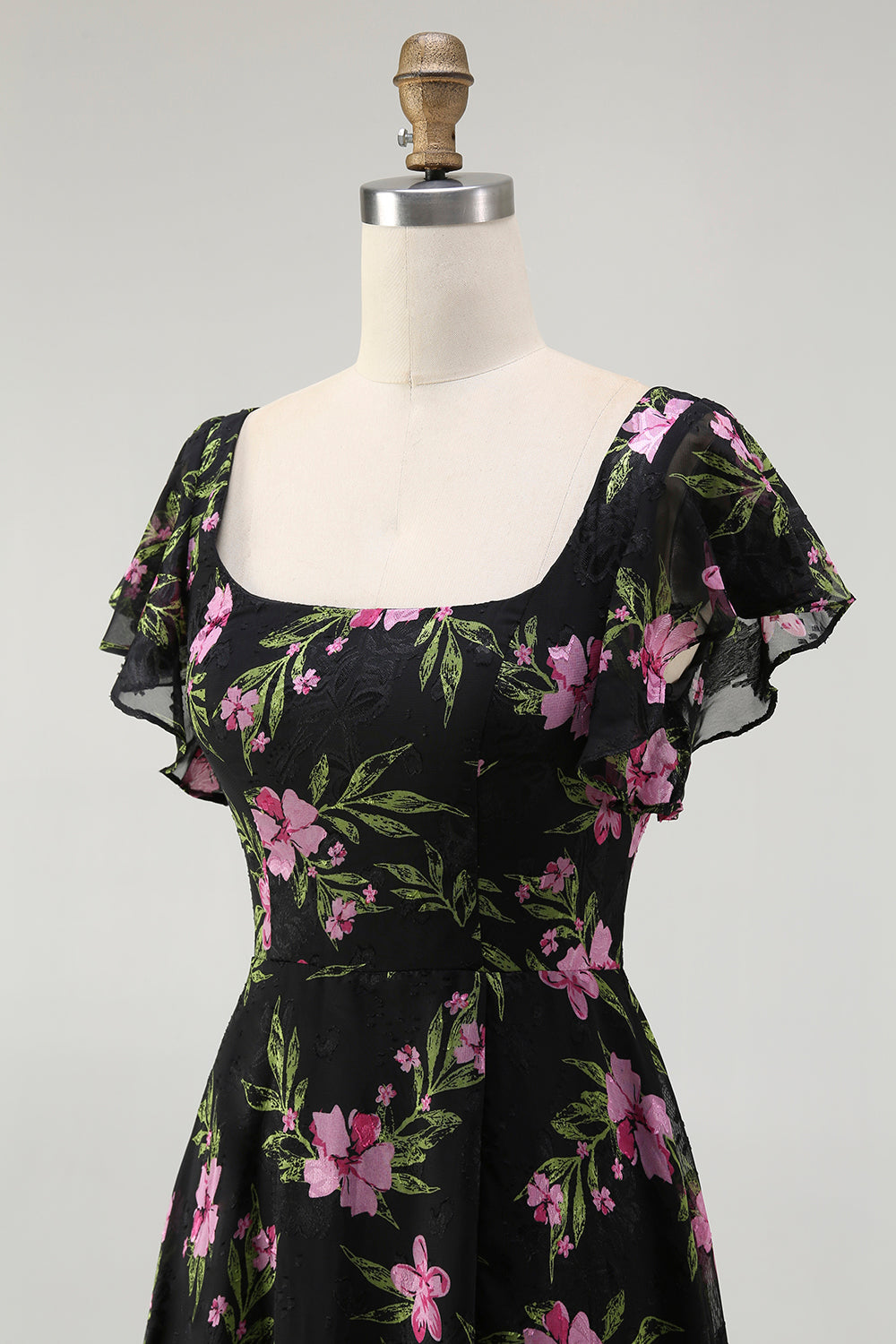 Black Pink Flower A-Line Square Neck Printed Long Bridesmaid Dress with Flutter Sleeves