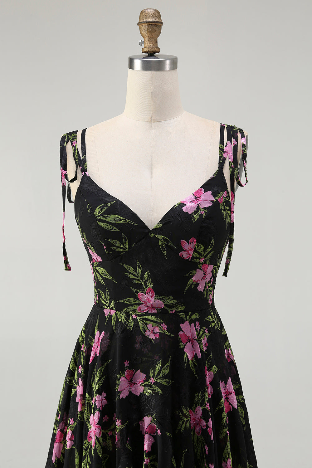 Black Pink Floral Tiered Chiffon Long Bridesmaid Dress with Adjustable Straps