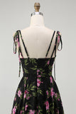 Black Pink Floral Tiered Chiffon Long Bridesmaid Dress with Adjustable Straps