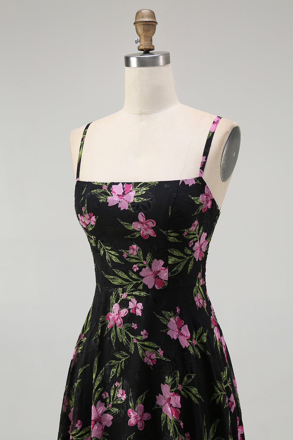 Black Pink Floral A Line Spaghetti Straps Backless Chiffon Long Bridesmaid Dress