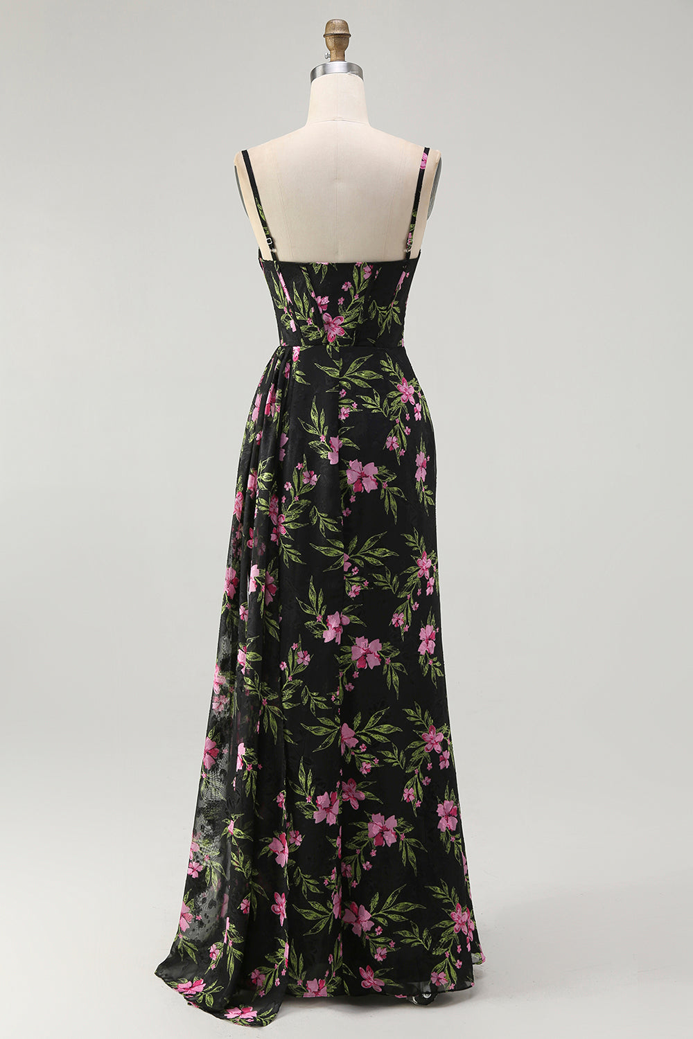 Black Pink Flower Corset Chiffon Long Bridesmaid Dress with Side Streamer