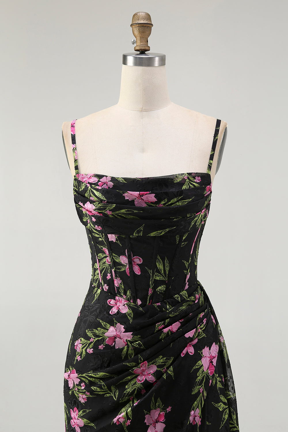 Black Pink Flower Corset Chiffon Long Bridesmaid Dress with Side Streamer