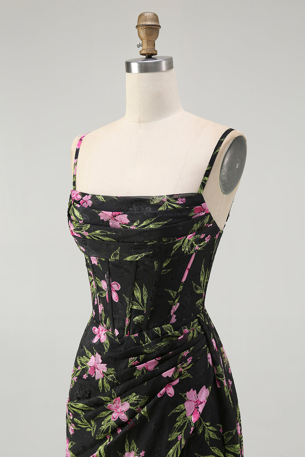 Black Pink Flower Corset Chiffon Long Bridesmaid Dress with Side Streamer