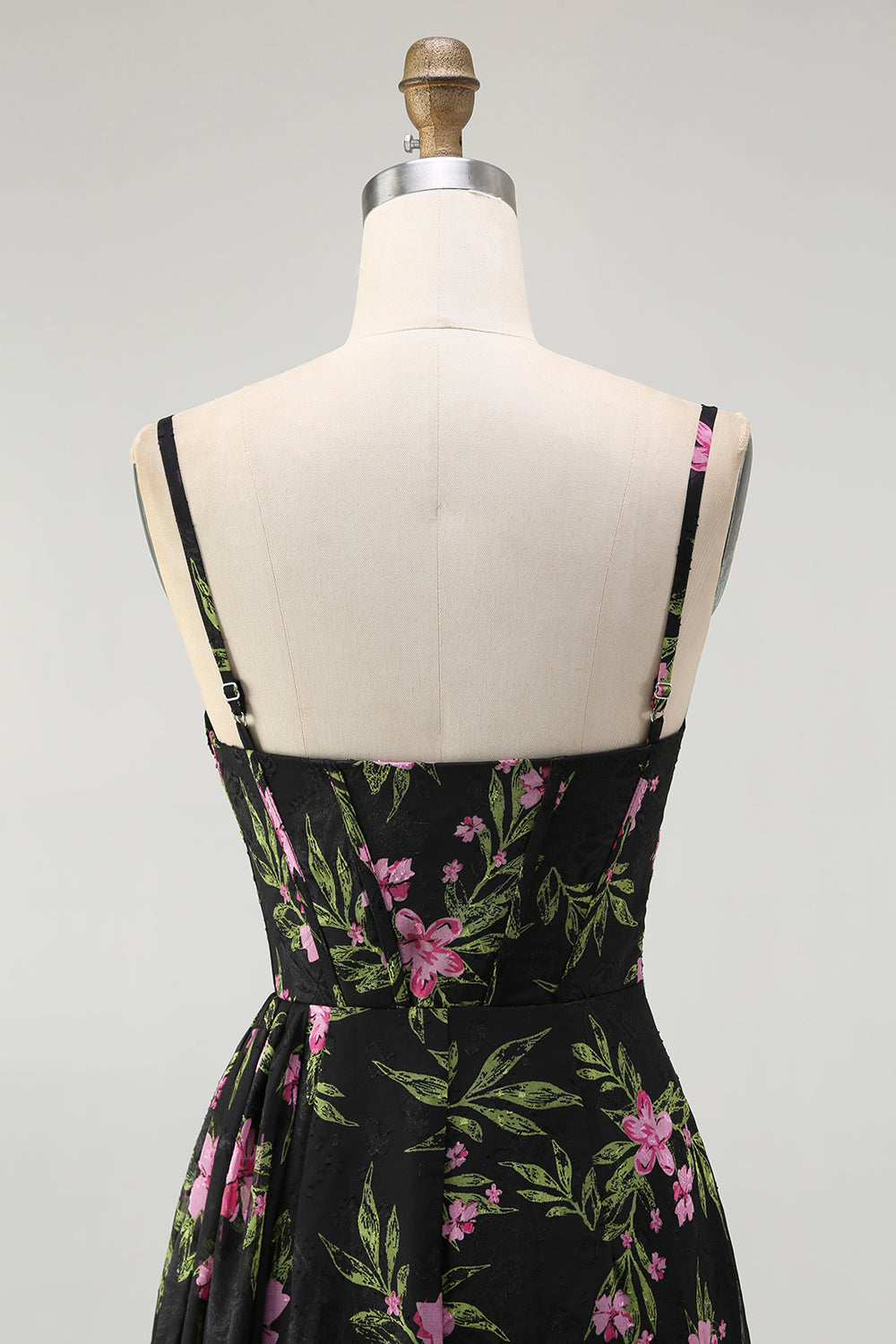 Black Pink Flower Corset Chiffon Long Bridesmaid Dress with Side Streamer