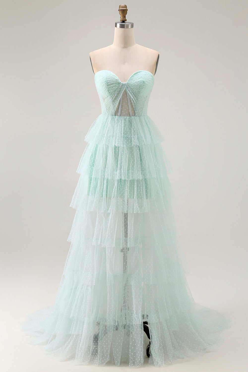 Light Green Tiered Strapless A Line Prom Dress