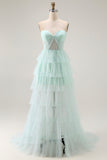 Light Green Tiered Strapless A Line Prom Dress
