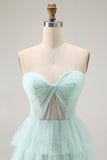 Light Green Tiered Strapless A Line Prom Dress