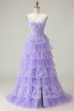Strapless Tiered Purple A Line Prom Dress with Appliques