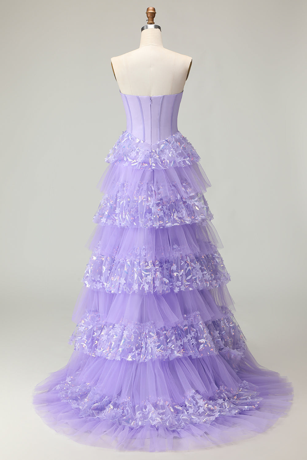 Strapless Tiered Purple A Line Prom Dress with Appliques