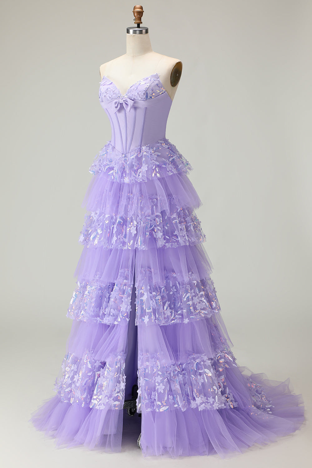 Strapless Tiered Purple A Line Prom Dress with Appliques