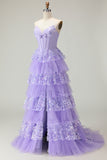 Strapless Tiered Purple A Line Prom Dress with Appliques