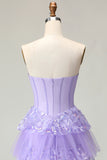 Strapless Tiered Purple A Line Prom Dress with Appliques