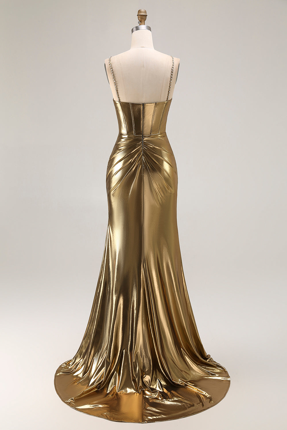 Golden Satin Mermaid Cut Out Ruched Metallic Prom Dress
