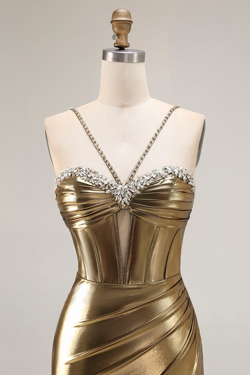 Golden Satin Mermaid Cut Out Ruched Metallic Prom Dress